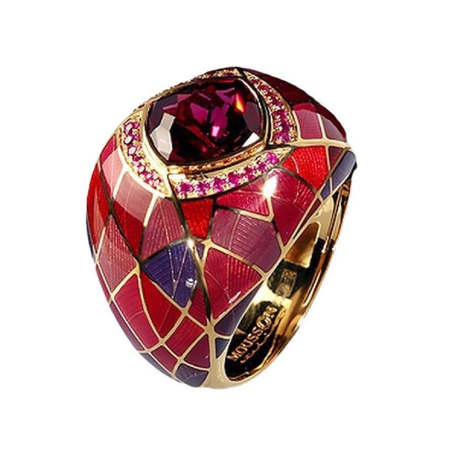 Fashion Blue Gem Inlaid Zirconium Rhinestone Ring Vintage Dripping Oil