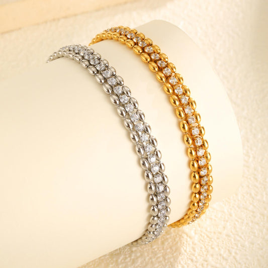Fashion Stainless Steel Double Row Olive Beads White Zircon Bracelet