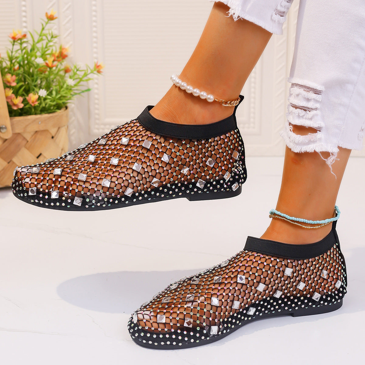 Summer Mesh Flat Sandals With Rhinestones For Women