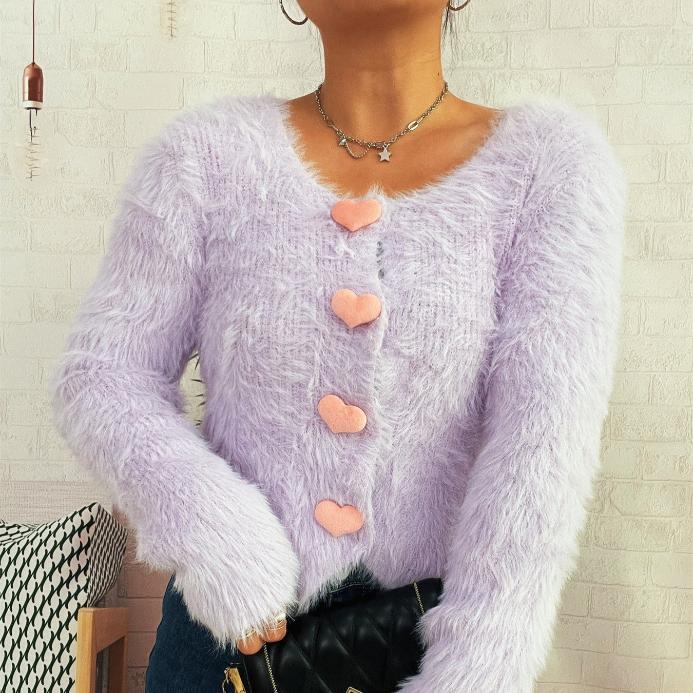 Commuter Cute Heart Button Solid Color Mink-like Knitted Cardigan Sweater