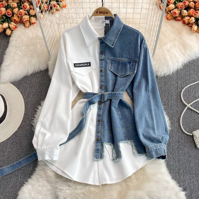Denim Stitching Lapel Dress Waist Slimming Mid-length Shirt