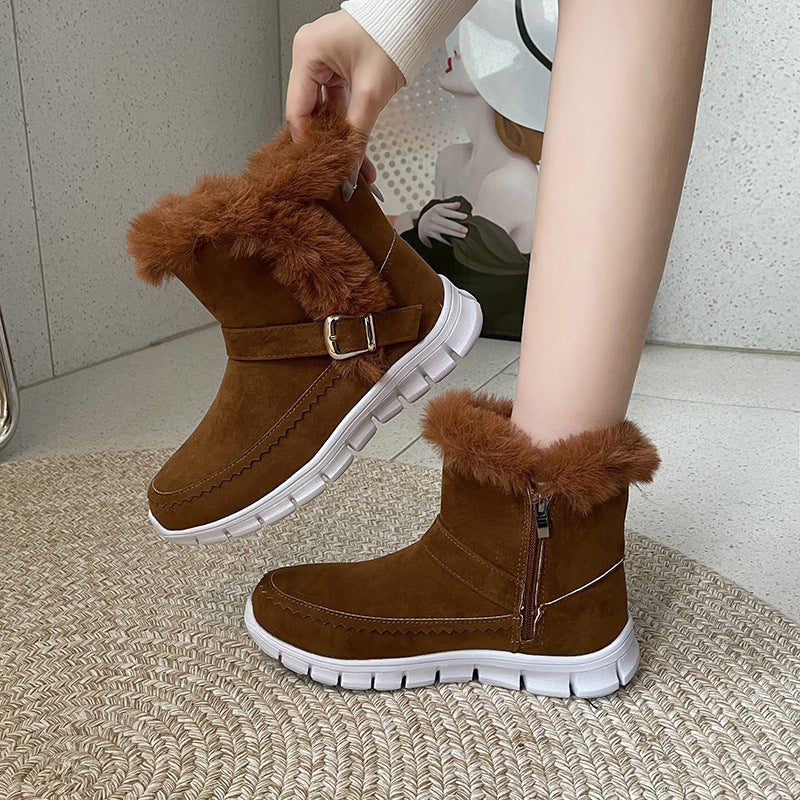Winter Warm Snow Boots Plush Ankle Boots With Buckle Design
