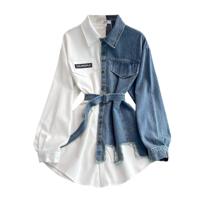Denim Stitching Lapel Dress Waist Slimming Mid-length Shirt