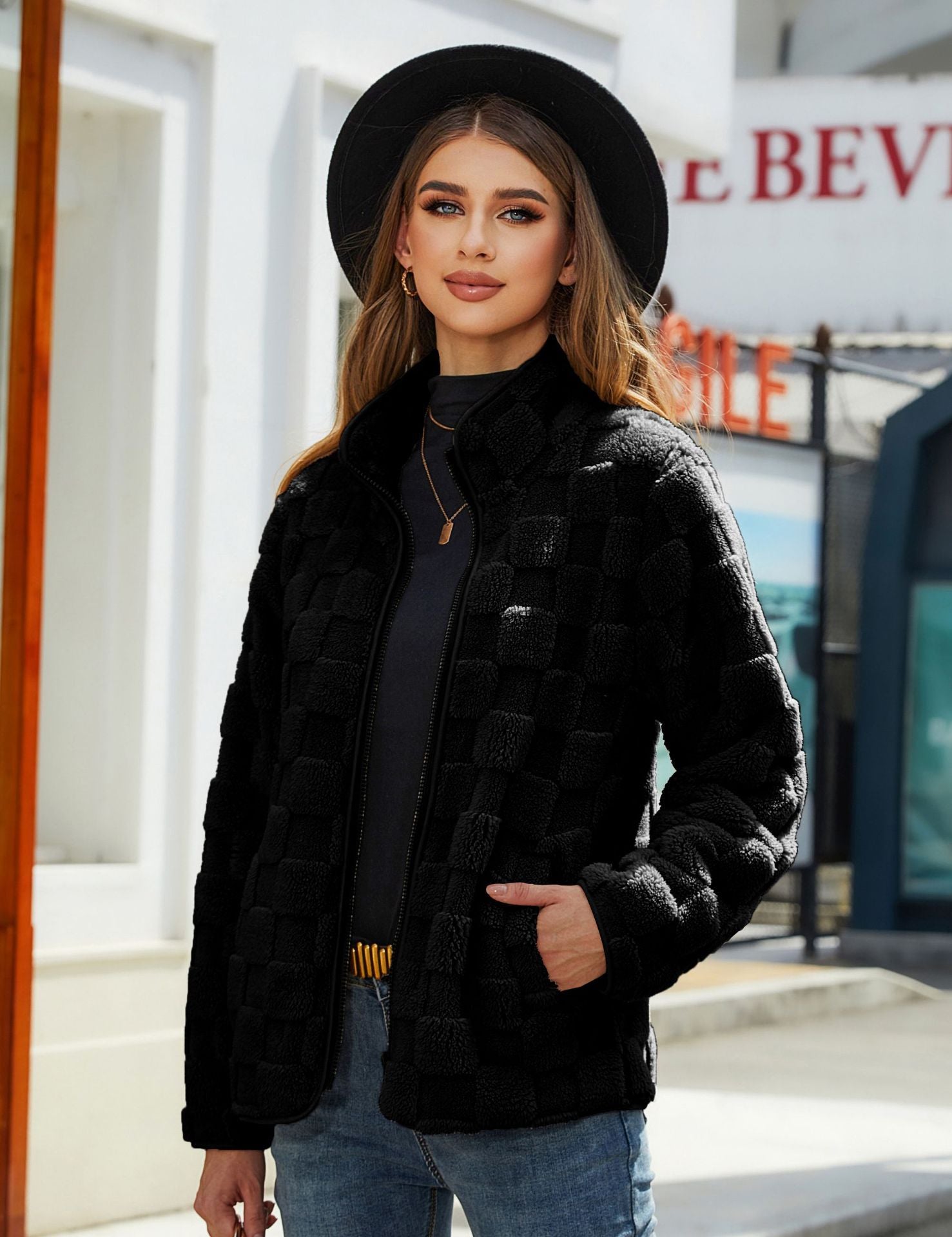 Loose Solid Color Plaid Plush Coat