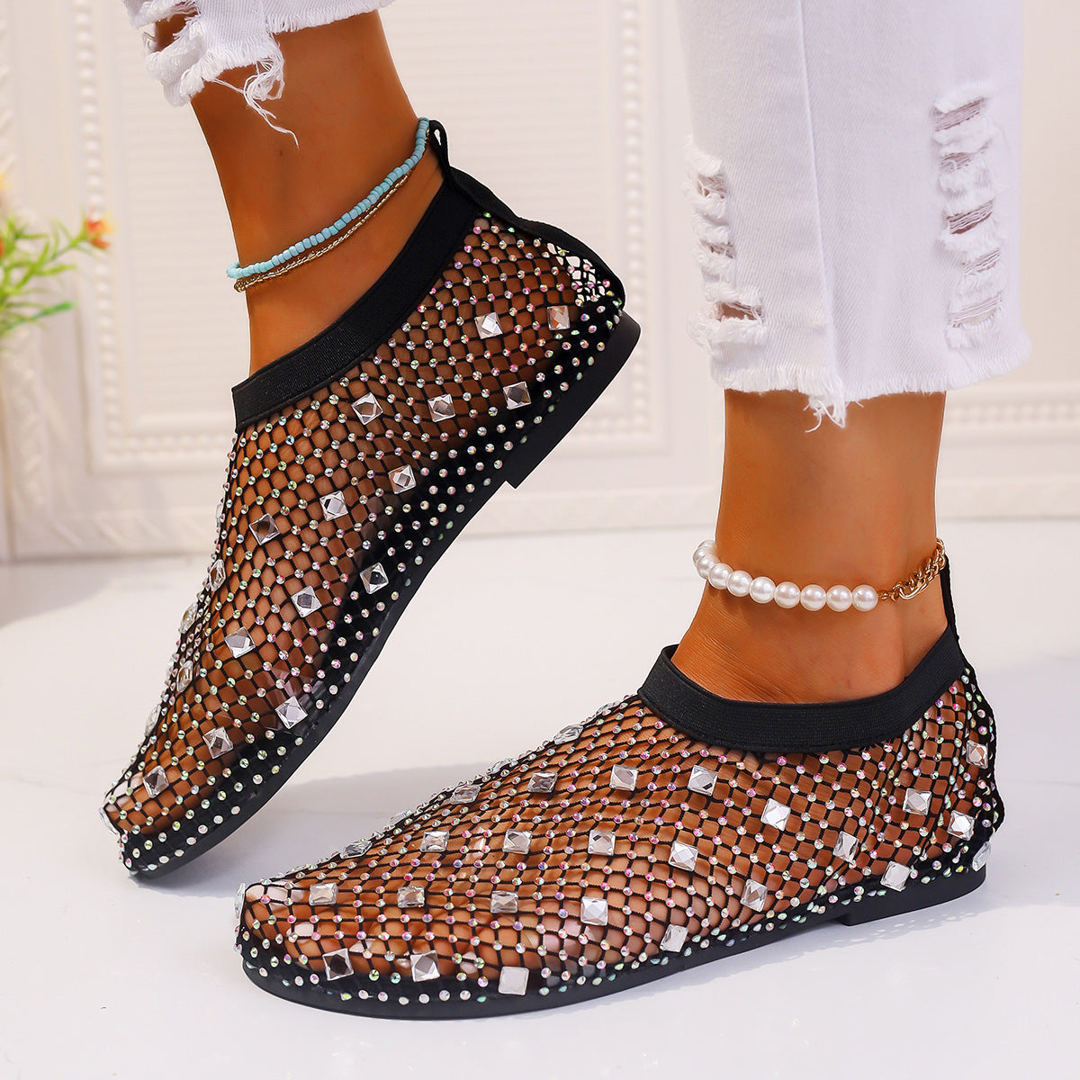 Summer Mesh Flat Sandals With Rhinestones For Women