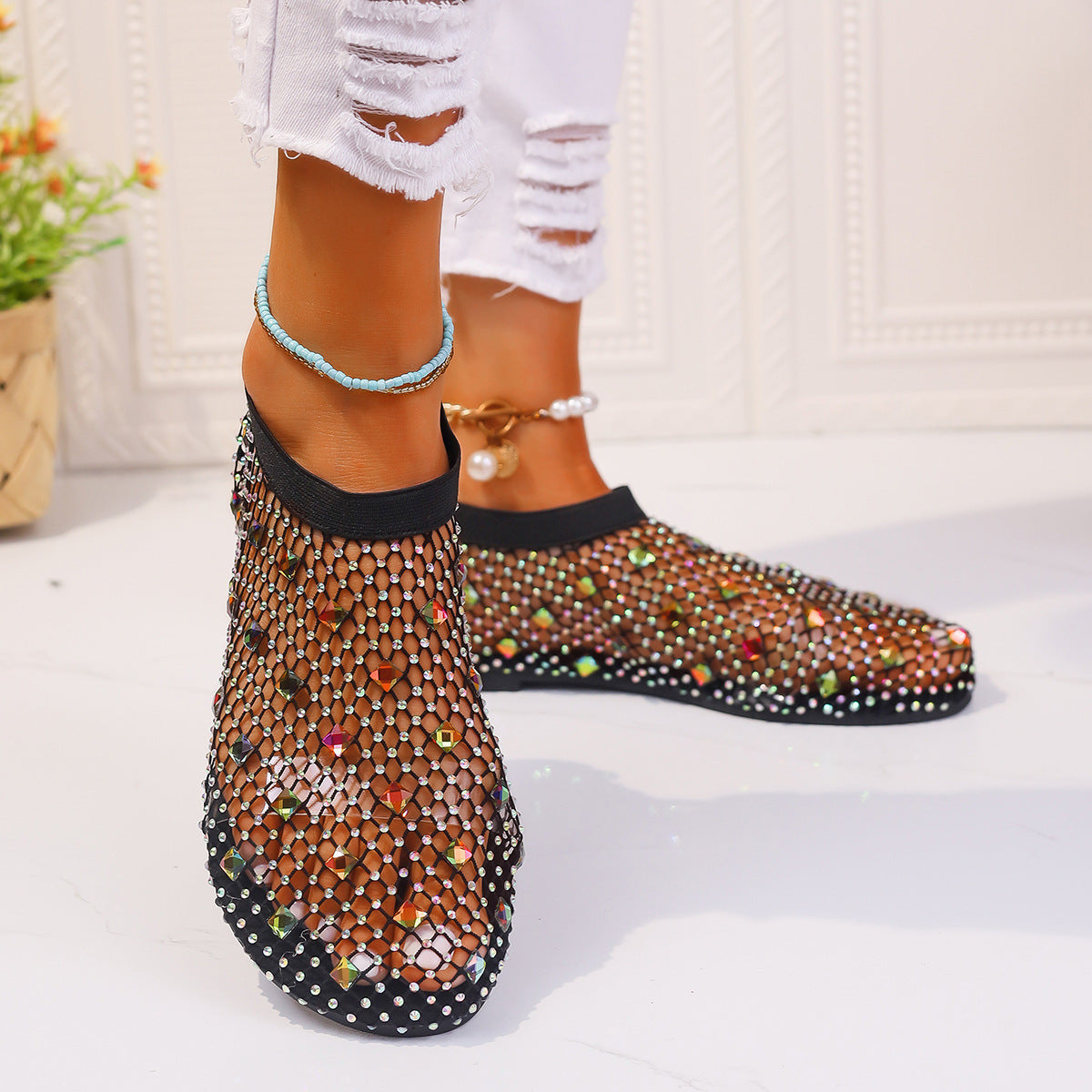 Summer Mesh Flat Sandals With Rhinestones For Women