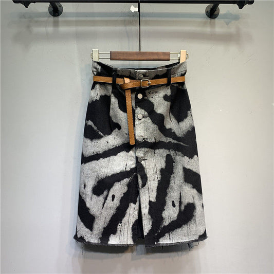 Tie-dyed High Waist Stretch Denim Skirt