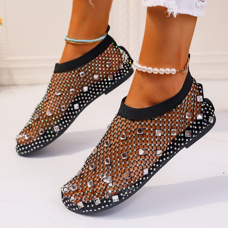 Summer Mesh Flat Sandals With Rhinestones For Women
