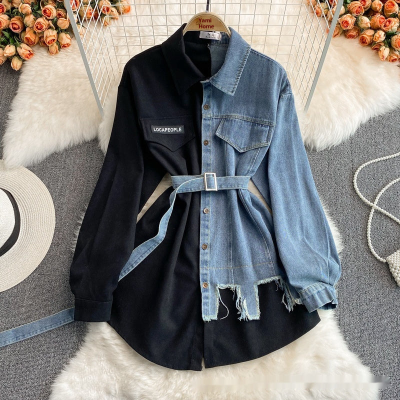 Denim Stitching Lapel Dress Waist Slimming Mid-length Shirt