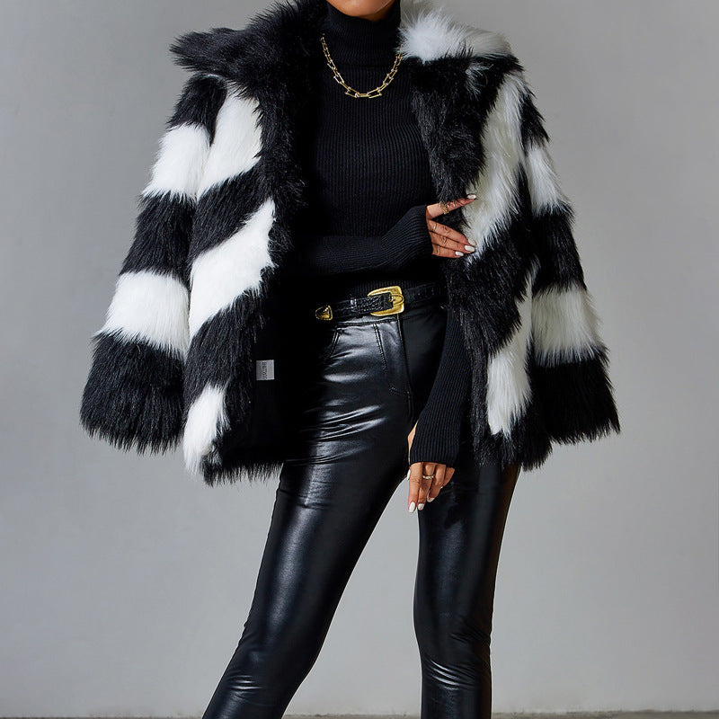 Lapel Contrast Color Minimalist Trendy Fur Coat