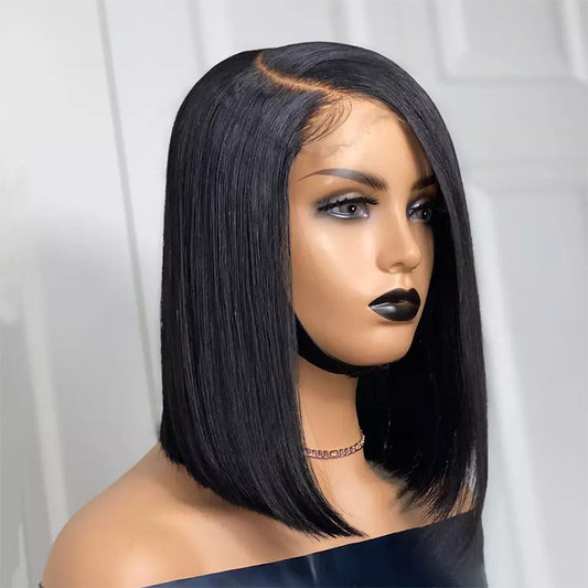 Split Front Lace Wig Black Short Straight Synthetic