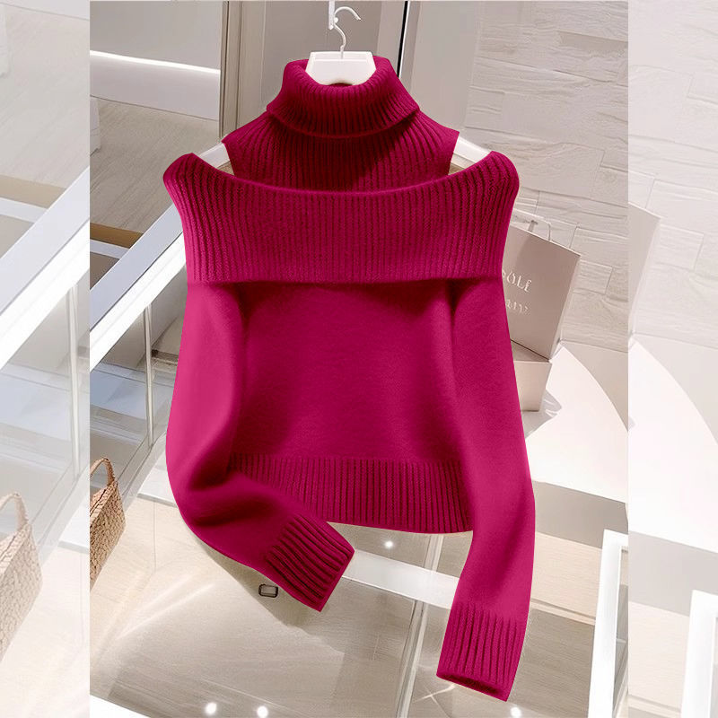 Soft Glutinous Idle Style Off-the-shoulder Bulky Turtleneck In Apricot Sweater
