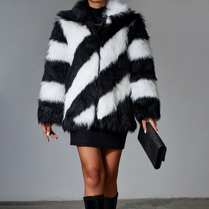 Lapel Contrast Color Minimalist Trendy Fur Coat
