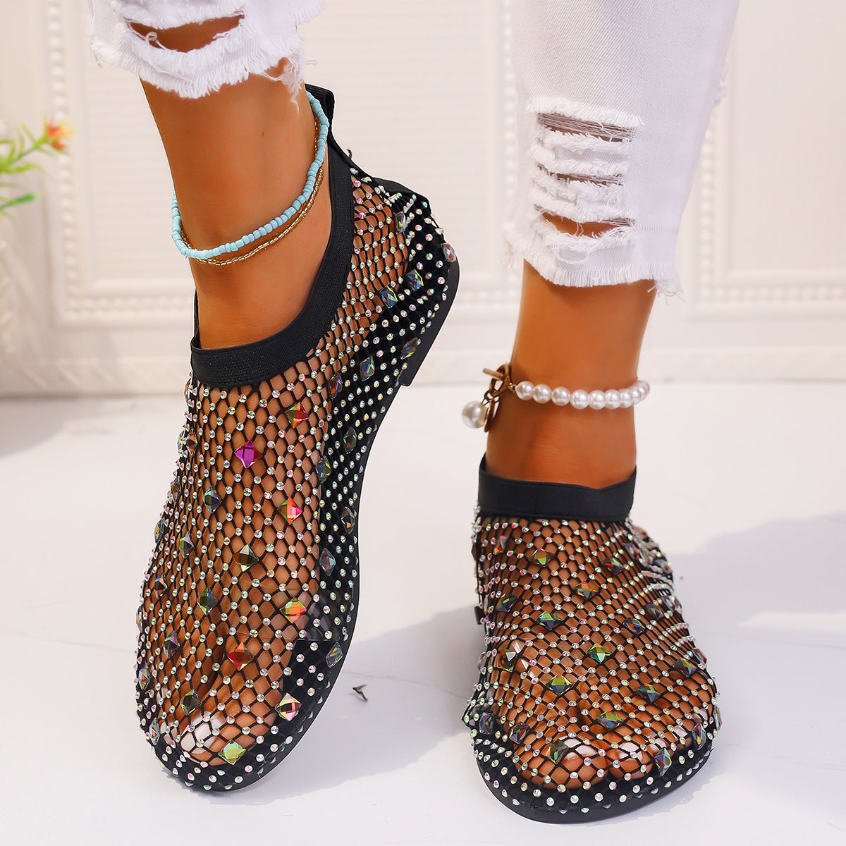 Summer Mesh Flat Sandals With Rhinestones For Women