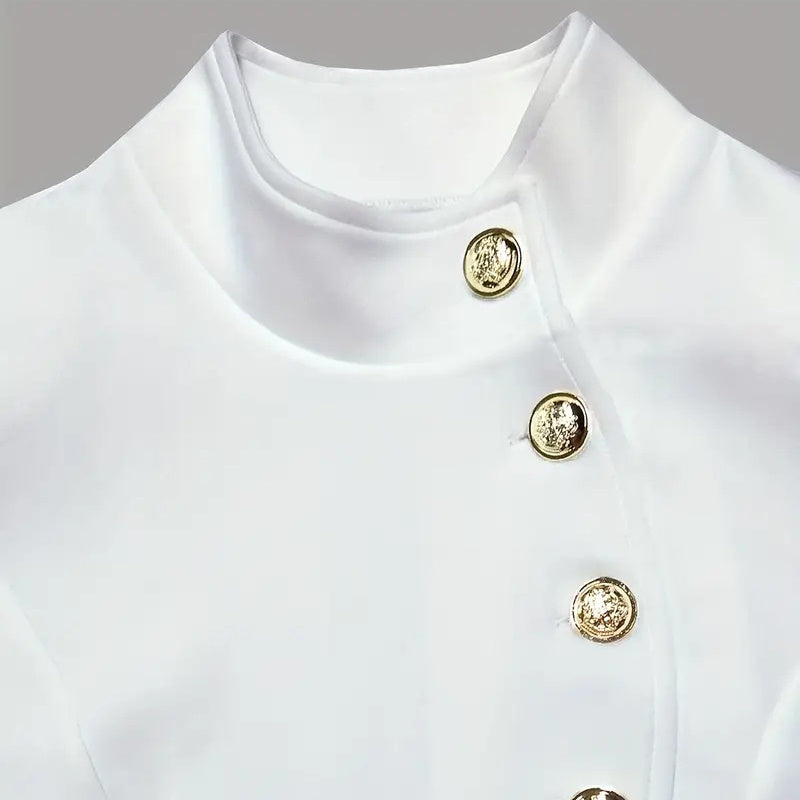 Elegant Solid Color Women's Long Sleeve Dress, Stand Collar With Golden Buttons Bodycon Slit Hem Dress For Formal Occasions