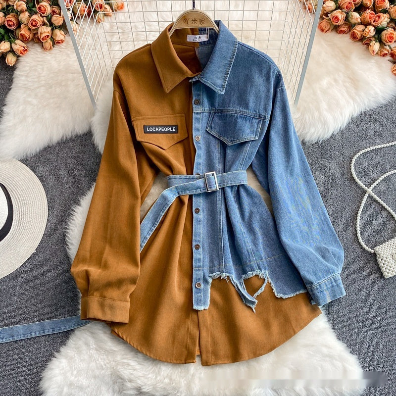 Denim Stitching Lapel Dress Waist Slimming Mid-length Shirt